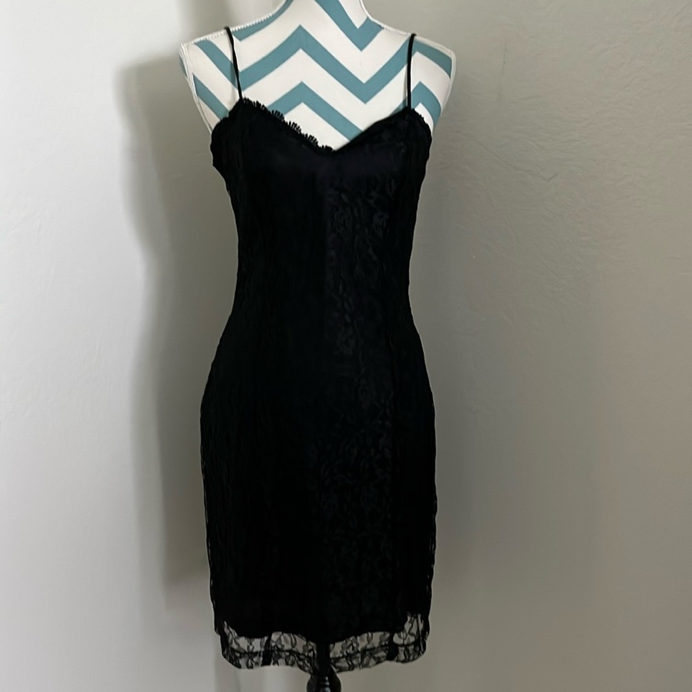 Vintage Knapp Studio black lined lace spaghetti strap dress, size 9